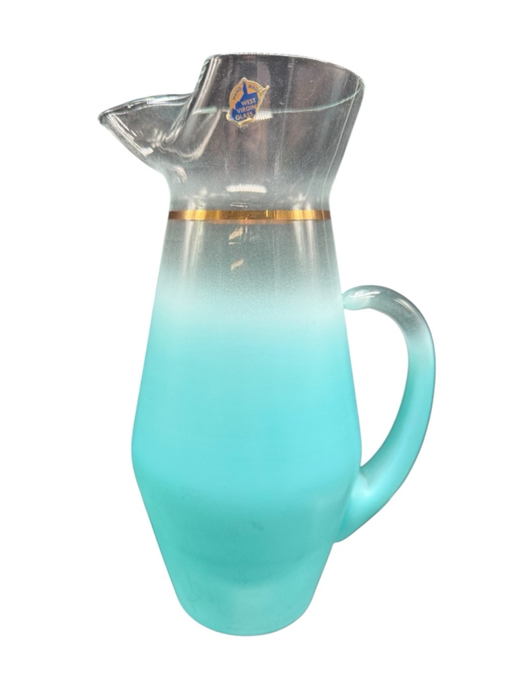 Vintage West Virginia Glass Aqua Frosted Pitcher MCM Mid Century Barware 9”